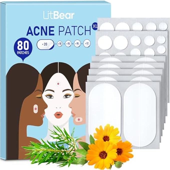 LitBear LARGE ACNE PIMPLE PATCHES, 5 SIZES 80 PATCHES FOR LARGE BREAKOUTS, ACNE PATCHES FOR FACE, CHIN OR BODY, ACNE SPOT PATCH WITH TEA TREE & CALENDULA OIL, HYDROCOLLOID BANDAGES FOR ACNE SKIN - Image 1